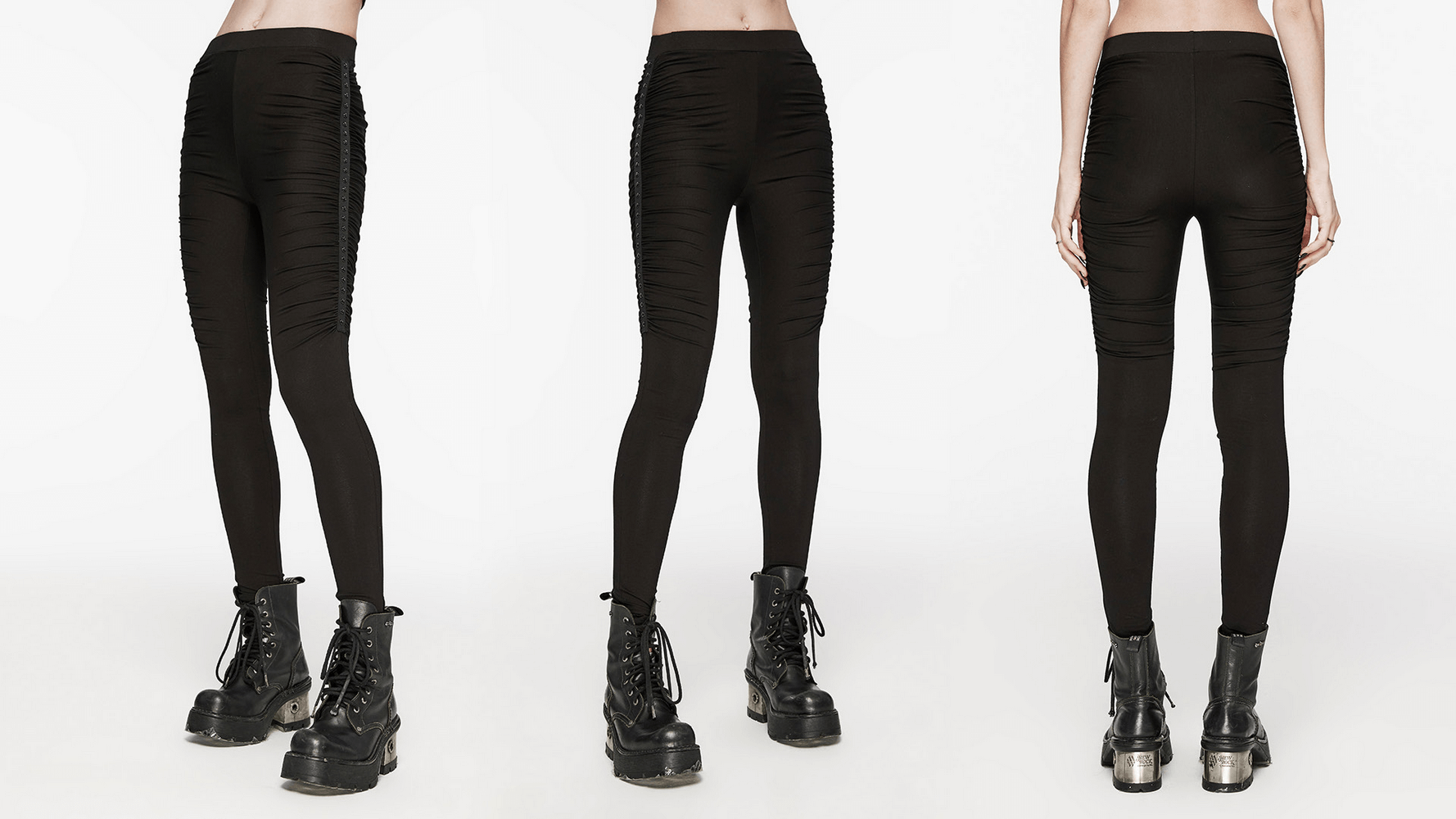 Women's punk black leggings with studded pleats, featuring a snug fit and edgy design, styled with combat boots.