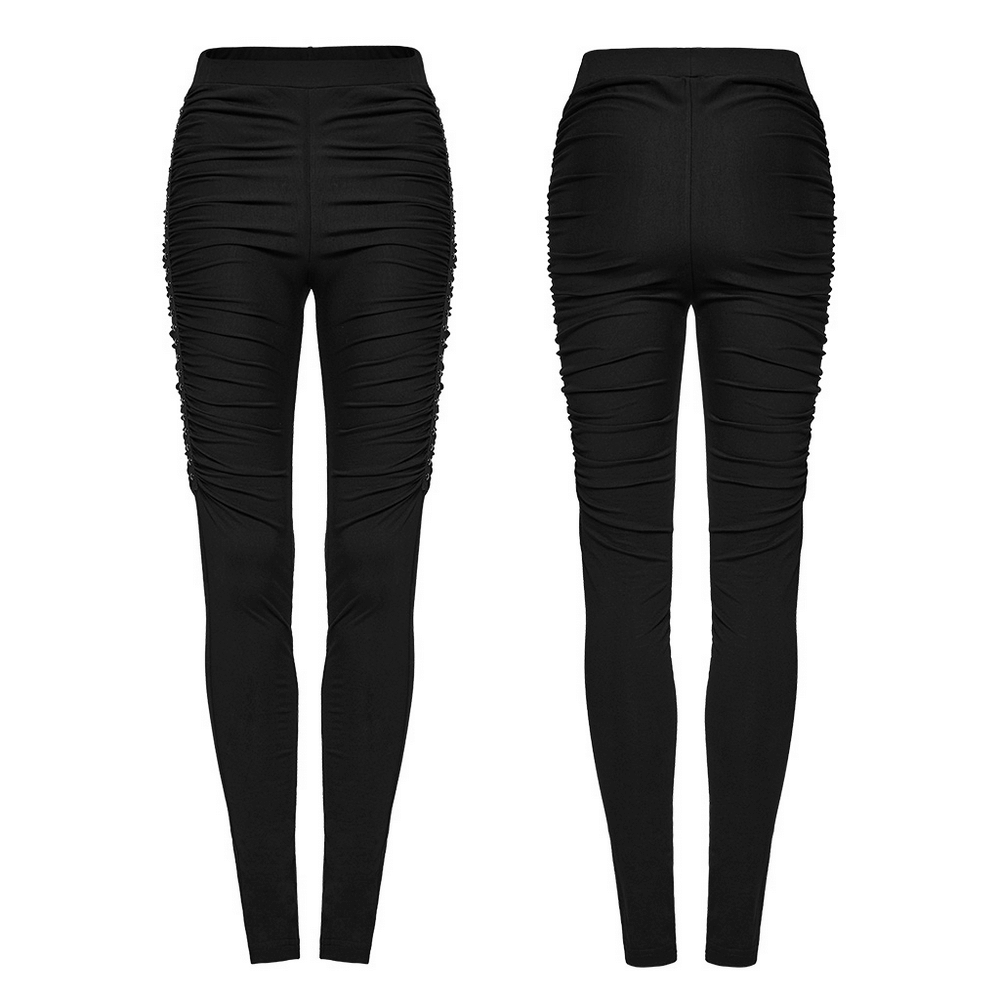 Women's black leggings featuring stylish studded pleats for an edgy punk look and comfortable fit.