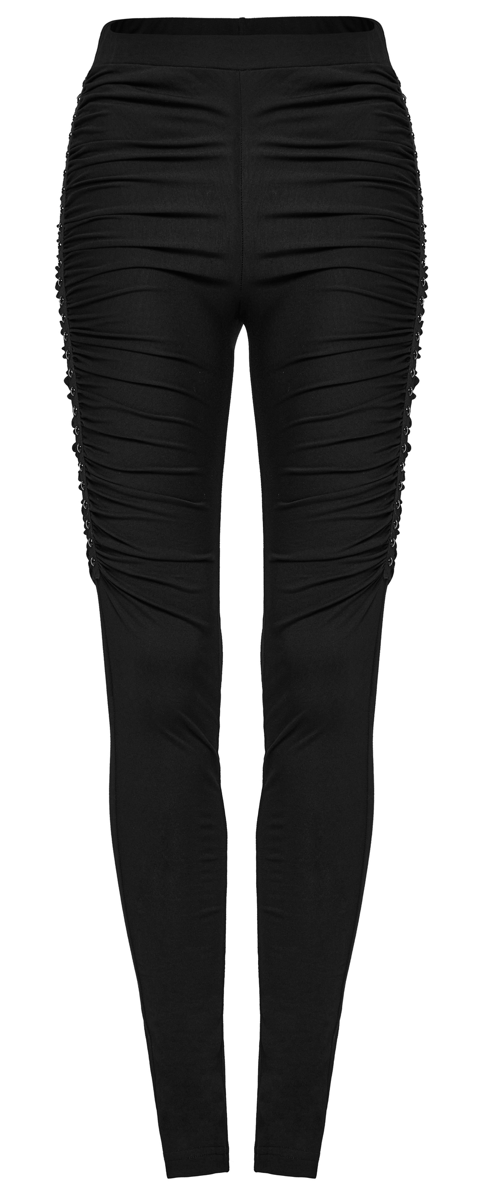 Women's punk black leggings with edgy studded pleats for a bold, rebellious style.