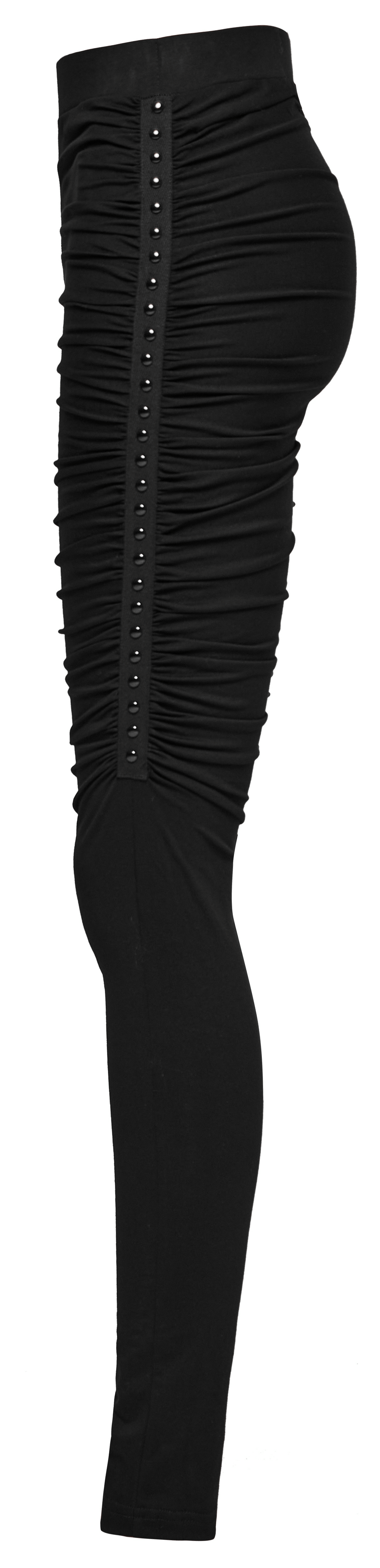 Women's punk black leggings with studded pleats for an edgy, stylish look, featuring a snug fit and elastic waistband.