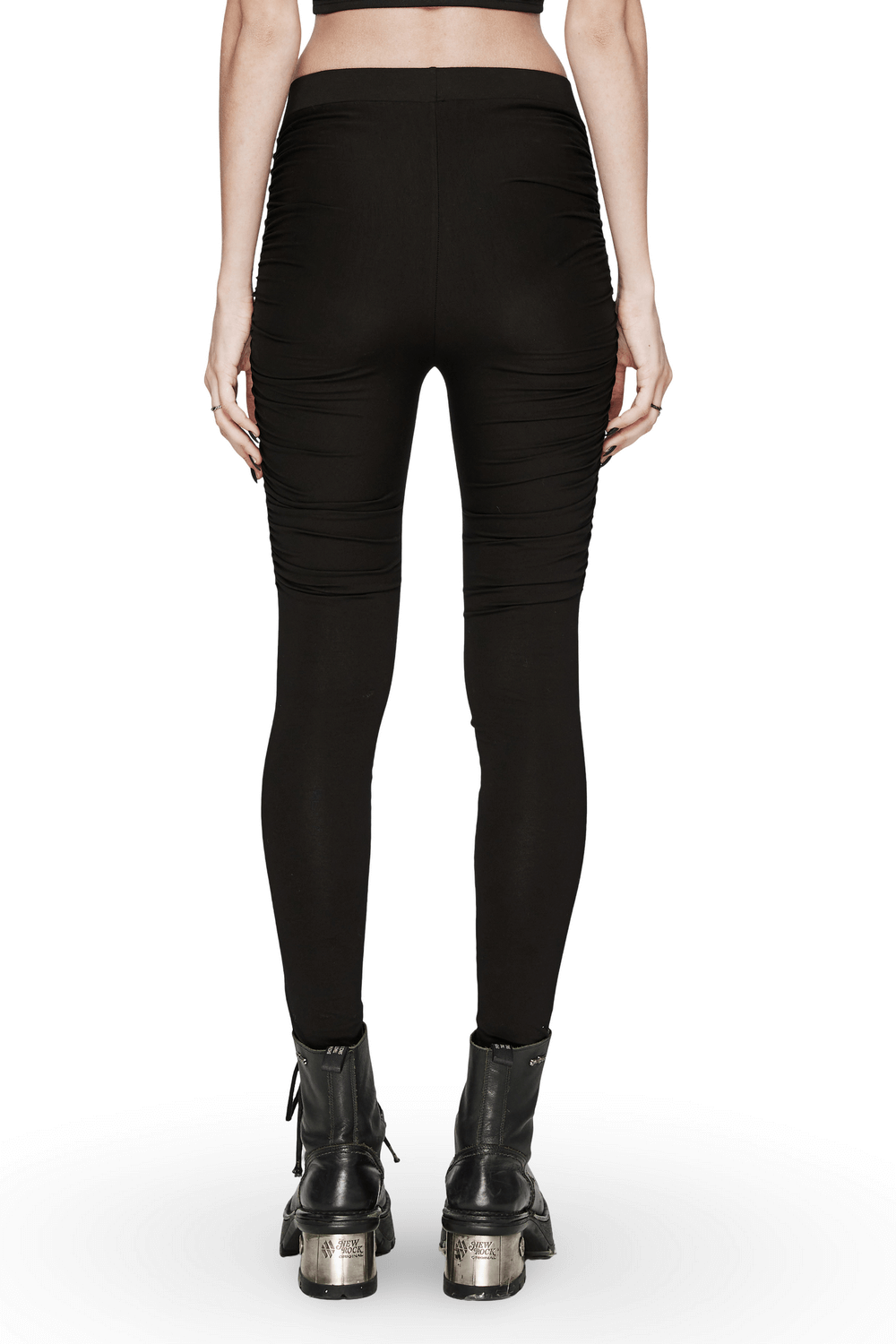 Back view of women's punk black leggings featuring edgy studded pleats and a snug fit for a rebellious style.