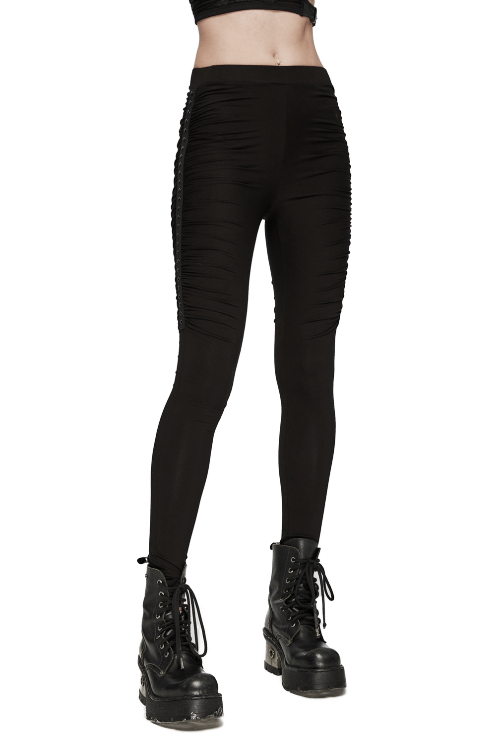 Women's punk black leggings with studded pleats, featuring a snug fit and edgy style, perfect for a bold fashion statement.