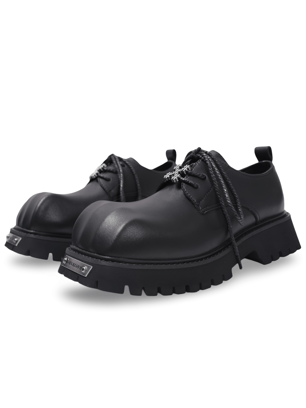 Women's Punk Derby Shoes with Chunky Lug Treads, black lace-up platform oxfords with silver details