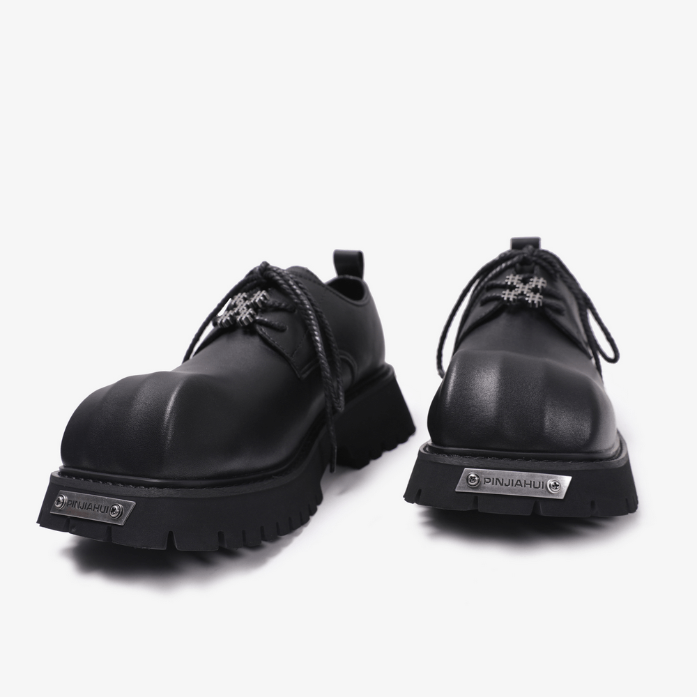 Women's Punk Derby Shoes with Chunky Lug Treads, black microfiber lace-up platform oxfords with silver details