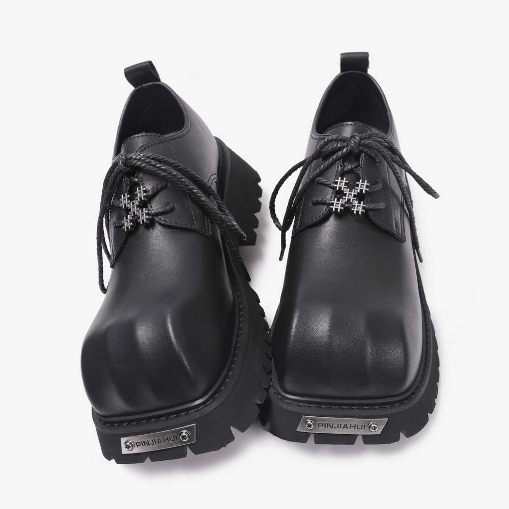 Women's Punk Derby Shoes with Chunky Lug Treads black microfiber oxfords with silver details and chunky platform soles