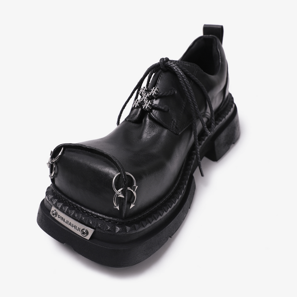 Women's Punk Derby Shoes with Metal Toe Hardware black gothic lace-up derby on thick platform sole