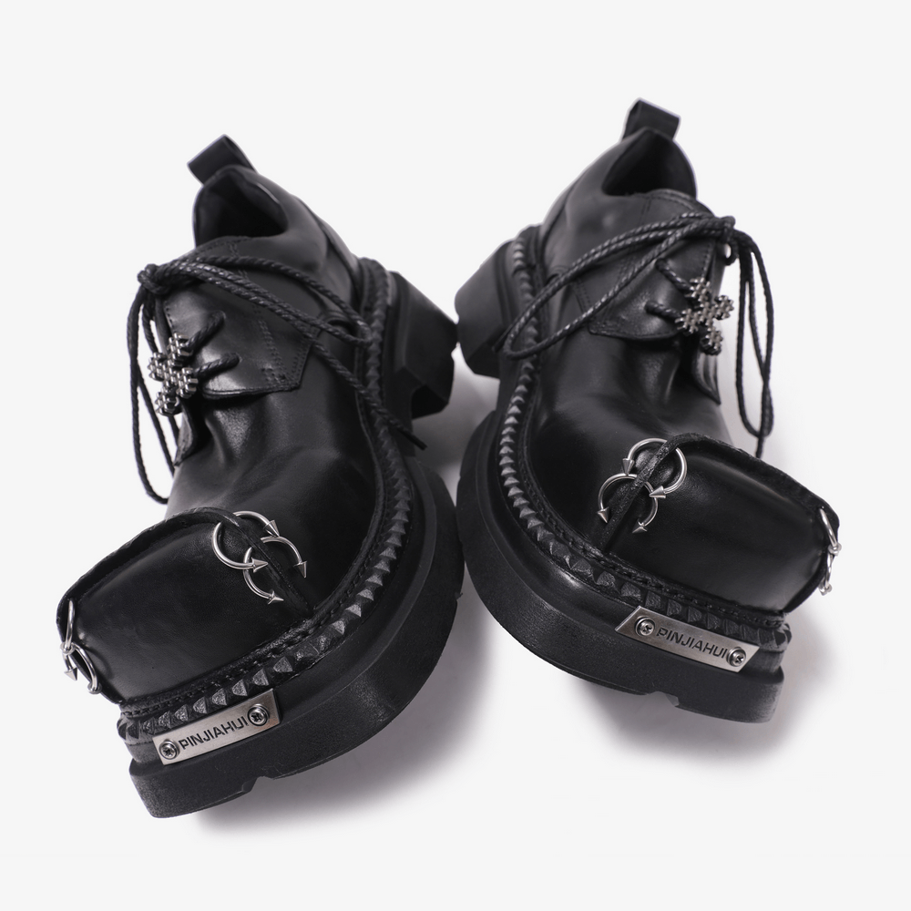 Women's Punk Derby Shoes with Metal Toe Hardware, black gothic platform lace-up shoes with silver hardware