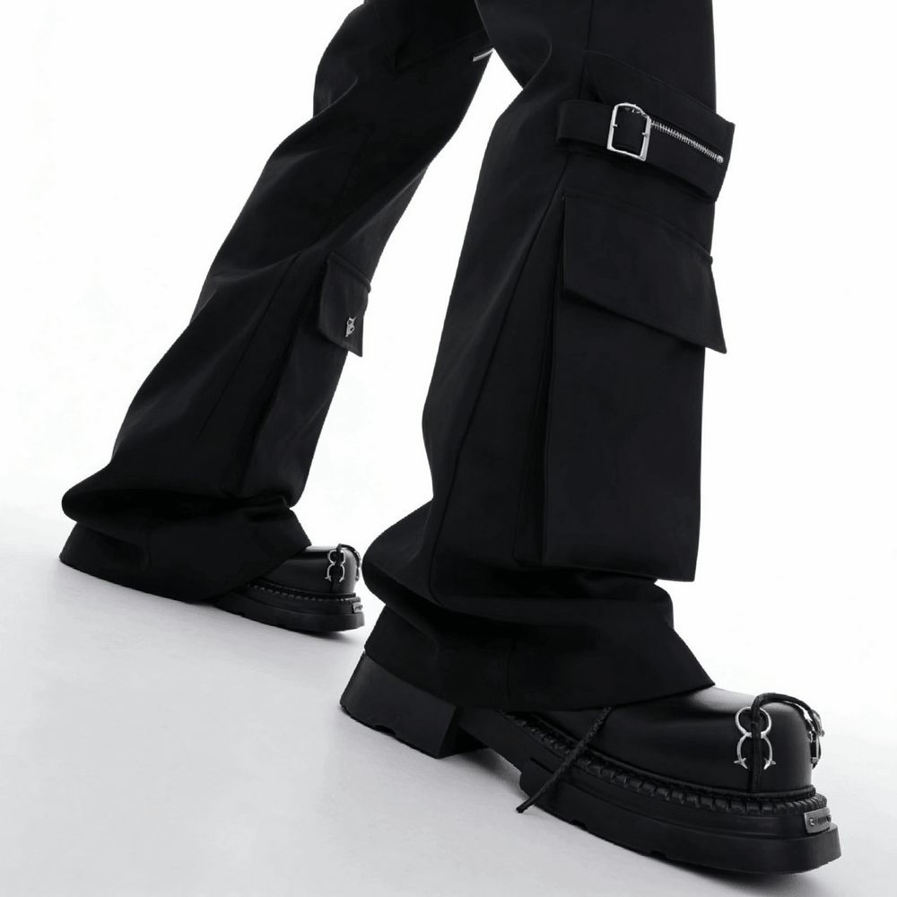 Women's Punk Derby Shoes with Metal Toe Hardware black gothic lace-up platforms with silver toe hardware and buckles