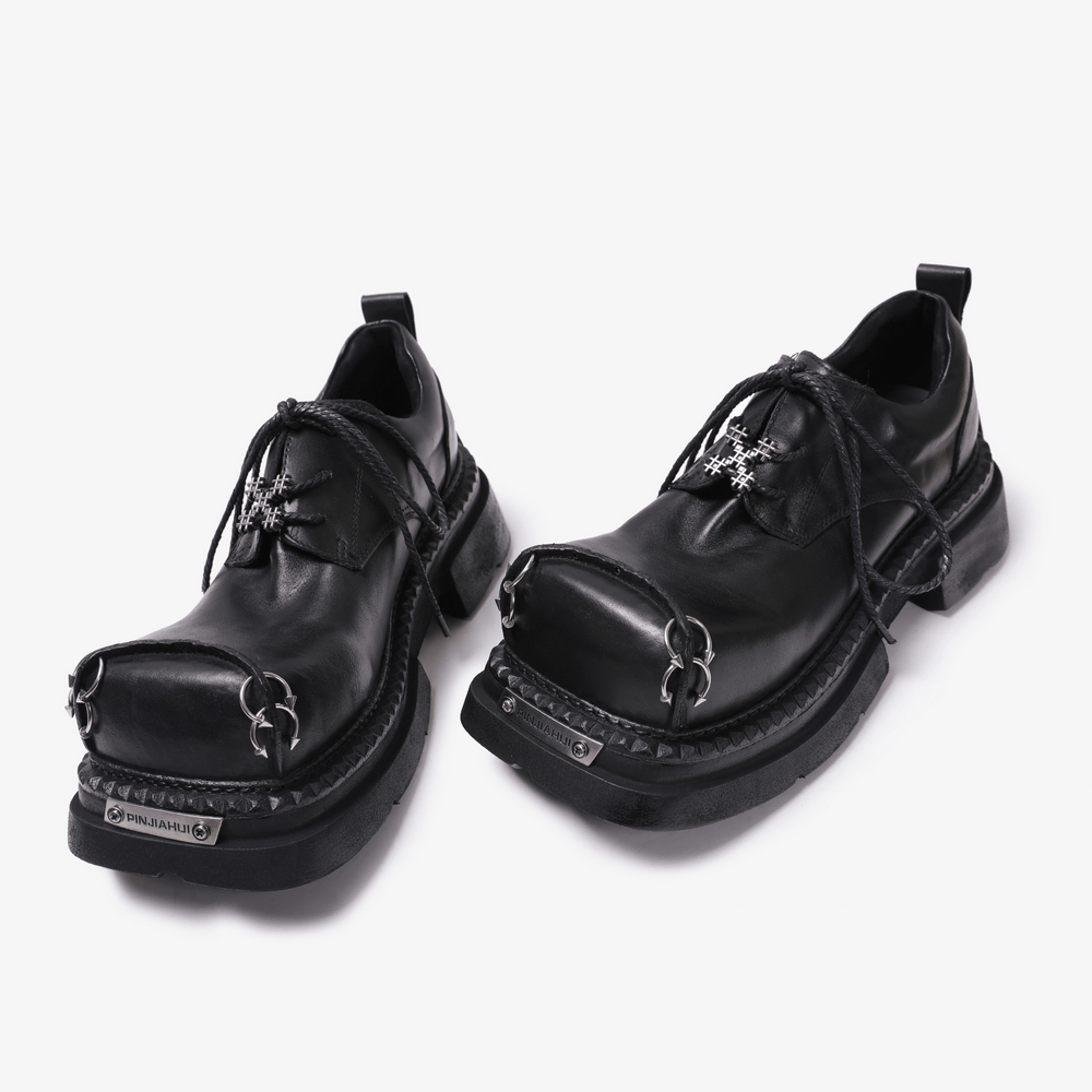 Women's Punk Derby Shoes with Metal Toe Hardware black gothic platform lace-up derbies with silver toe hardware