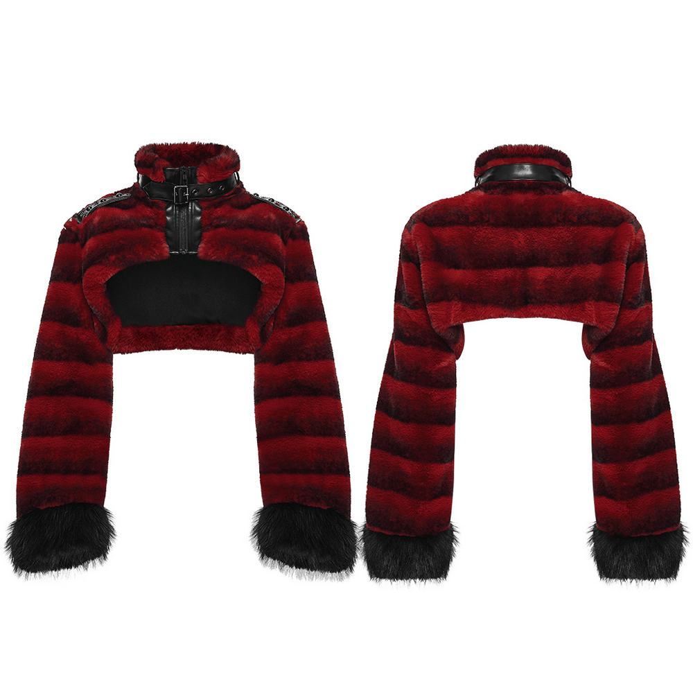 Women's Punk Faux Fur Cropped Jacket with Cuffs featuring bold red stripes and fluffy black cuffs.