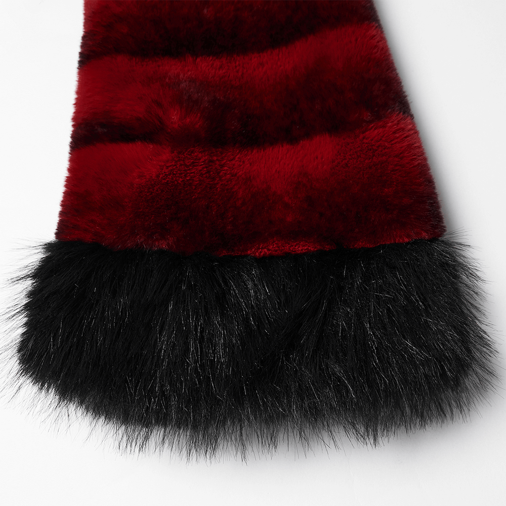 Women's Punk Faux Fur Cropped Jacket with Cuffs red and black fur detail with fluffy black cuffs
