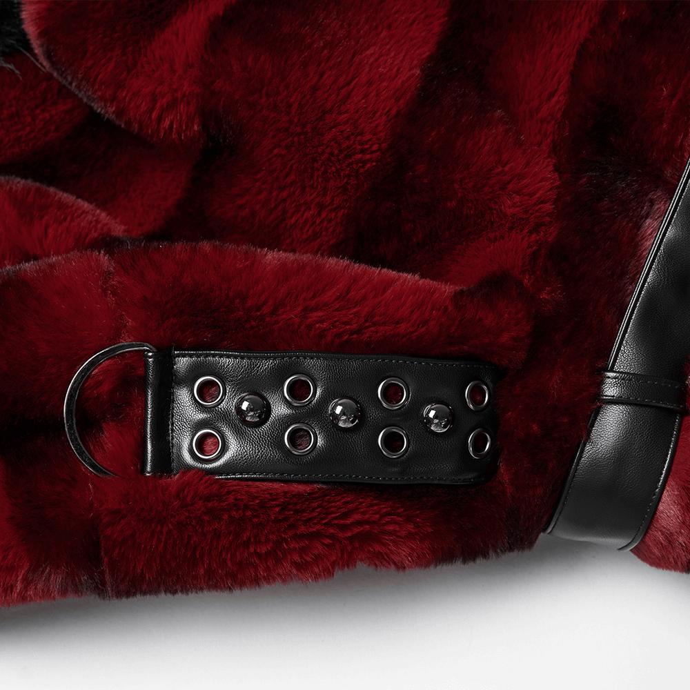 Close-up of Women's Punk Faux Fur Cropped Jacket with Cuffs showing studded strap detail and eco-friendly faux fur.