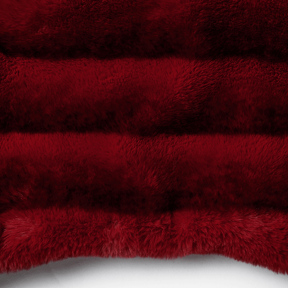 Close-up of the soft and plush texture of the Women's Punk Faux Fur Cropped Jacket with Cuffs in red.