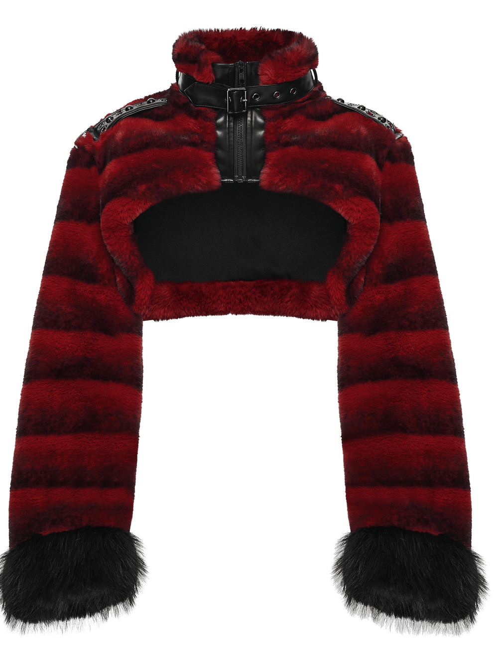 Women's Punk Faux Fur Cropped Jacket with Cuffs in red and black stripes with fluffy cuffs and studded straps.