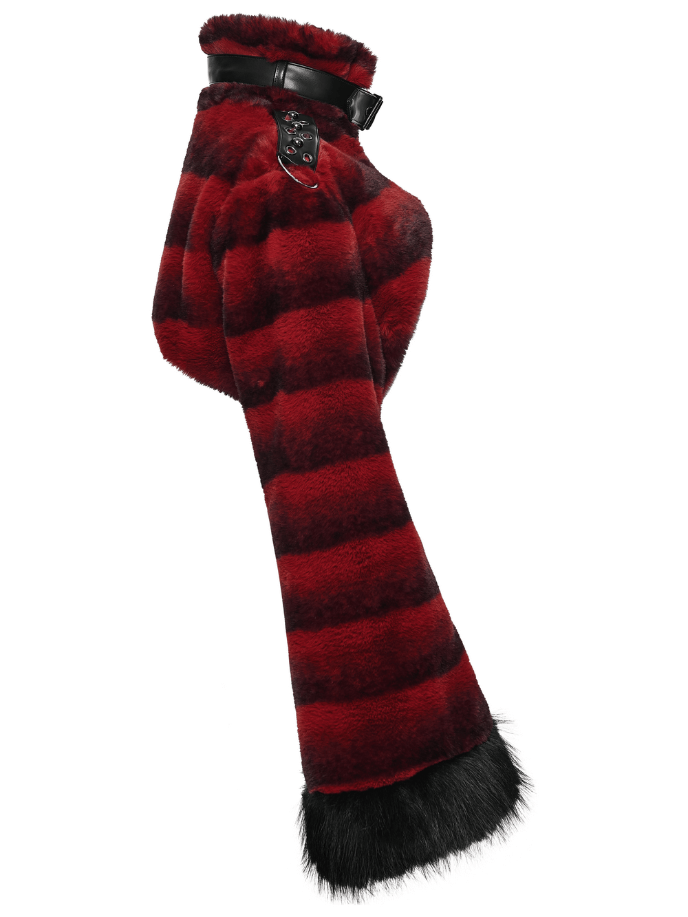 Women's Punk Faux Fur Cropped Jacket with Cuffs featuring striped red and black design and studded strap details.