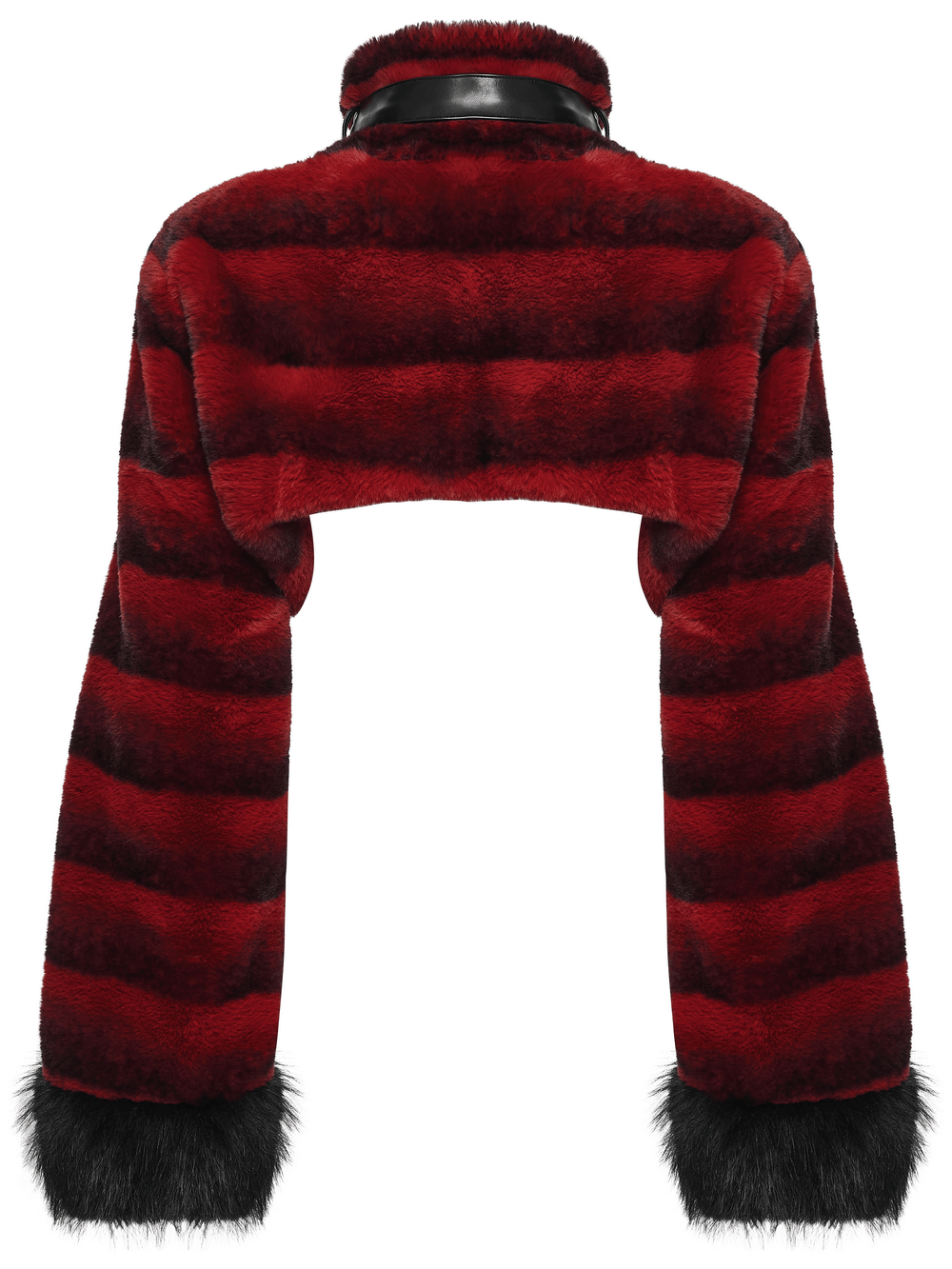 Women's Punk Faux Fur Cropped Jacket with Cuffs in striking red and black striped design, featuring fluffy textures and bold cuffs.