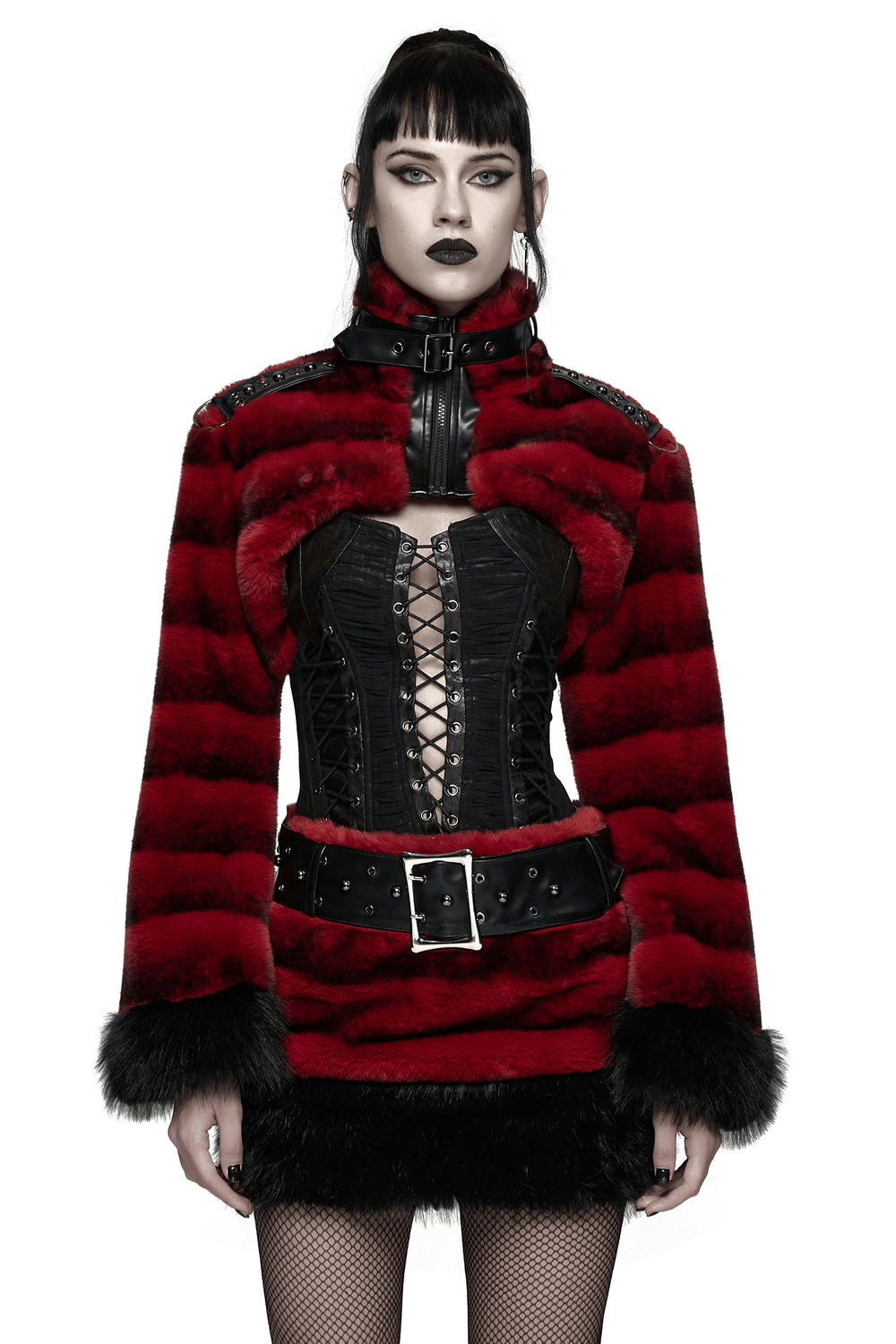 Women's Punk Faux Fur Cropped Jacket with Cuffs in bold red stripes and leather accents, showcasing edgy style.