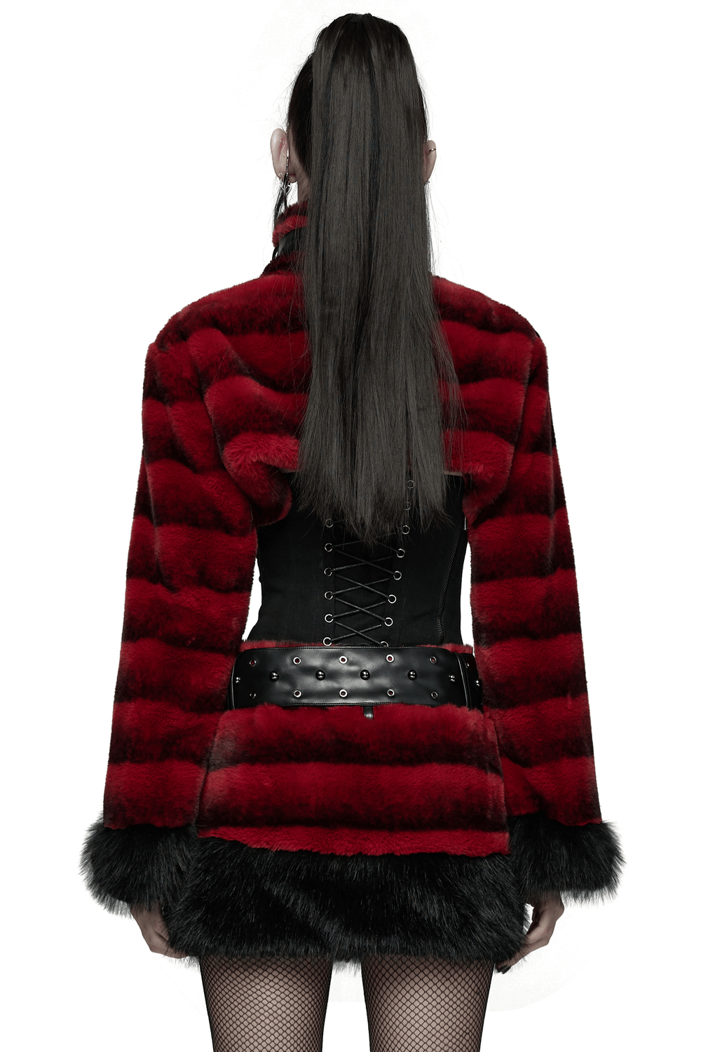 Back view of Women's Punk Faux Fur Cropped Jacket with Cuffs in red and black with studded strap details.
