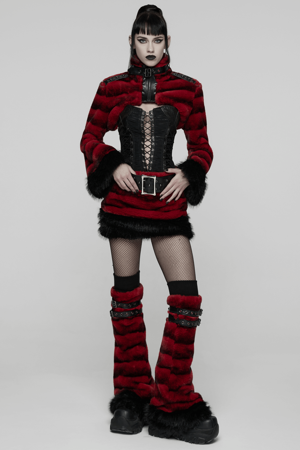 Women's Punk Faux Fur Cropped Jacket with Cuffs, featuring red faux fur and studded straps for an edgy look.