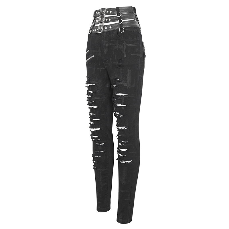 Women's Punk High-Waisted Ripped Fitted Pants with Multi-Buckles - HARD'N'HEAVY
