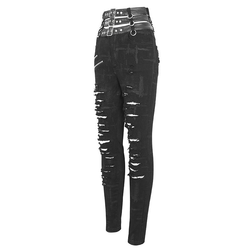 Women's punk high-waisted ripped fitted pants featuring bold multi-buckles and an edgy design.