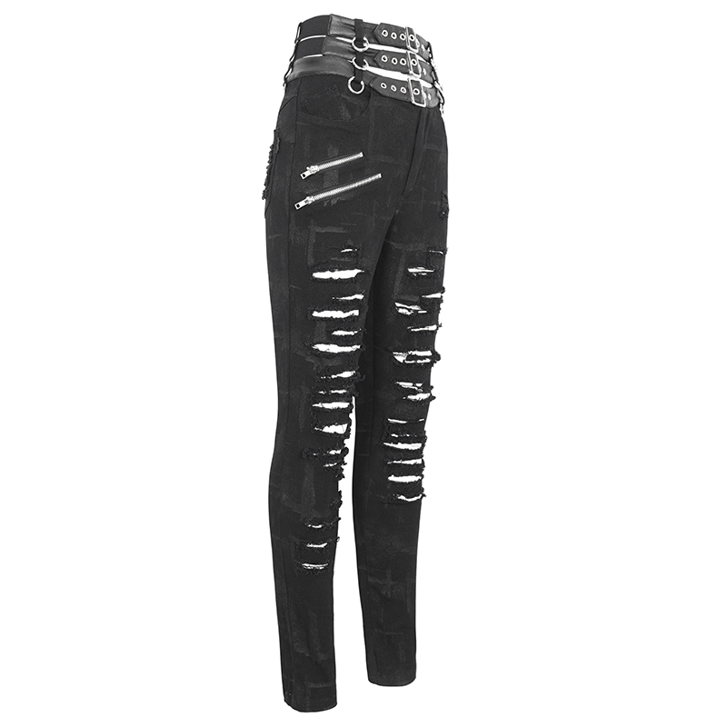 Women's punk high-waisted ripped fitted pants with multi-buckles and edgy design.