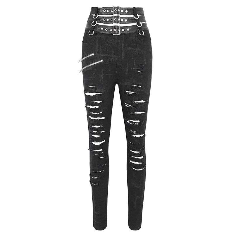 Women's punk high-waisted ripped fitted pants with multi-buckles in black, showcasing edgy style and comfort.