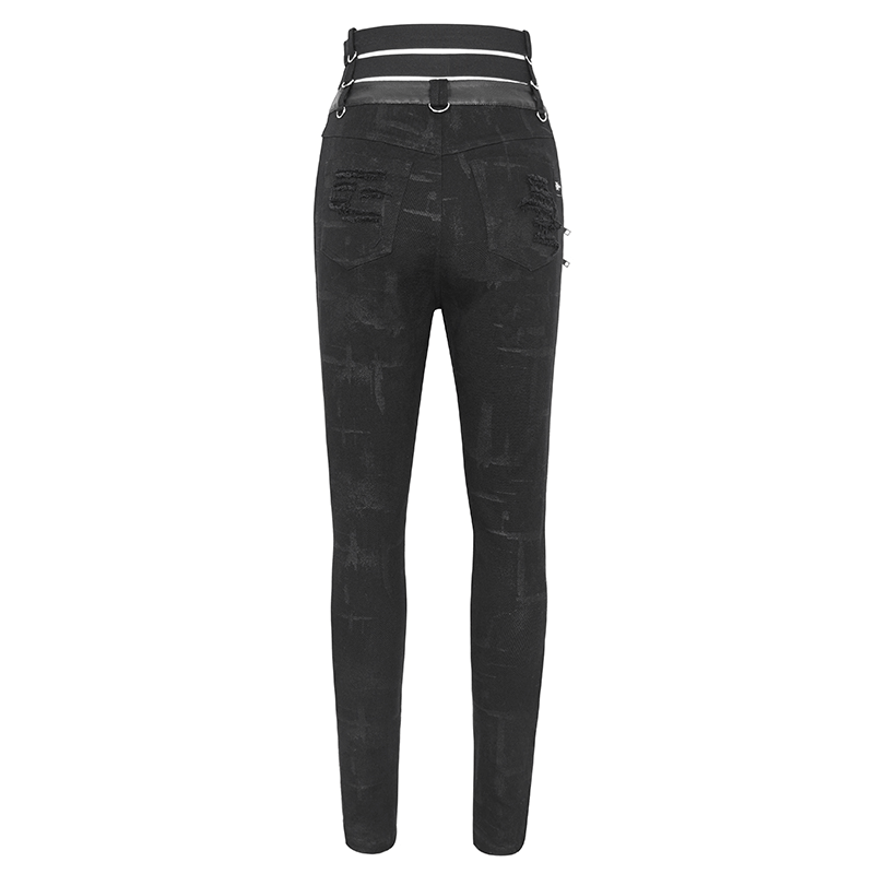 Back view of women's punk high-waisted ripped fitted pants with multi-buckles in black.