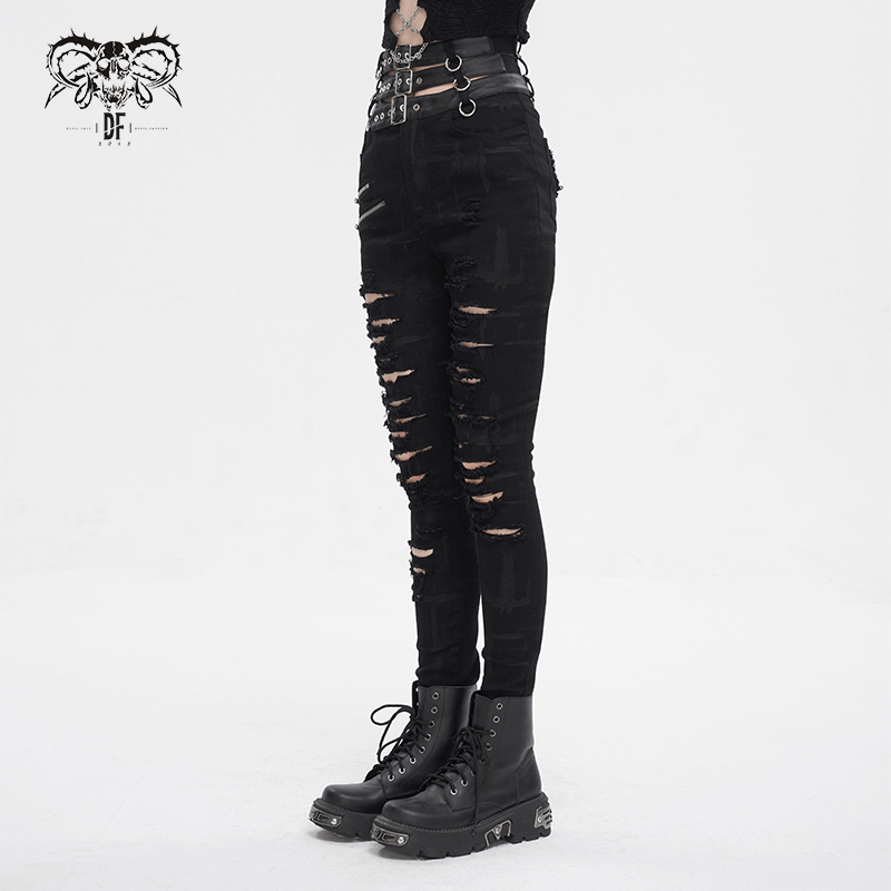 Women's Punk High-Waisted Ripped Fitted Pants with Multi-Buckles - HARD'N'HEAVY