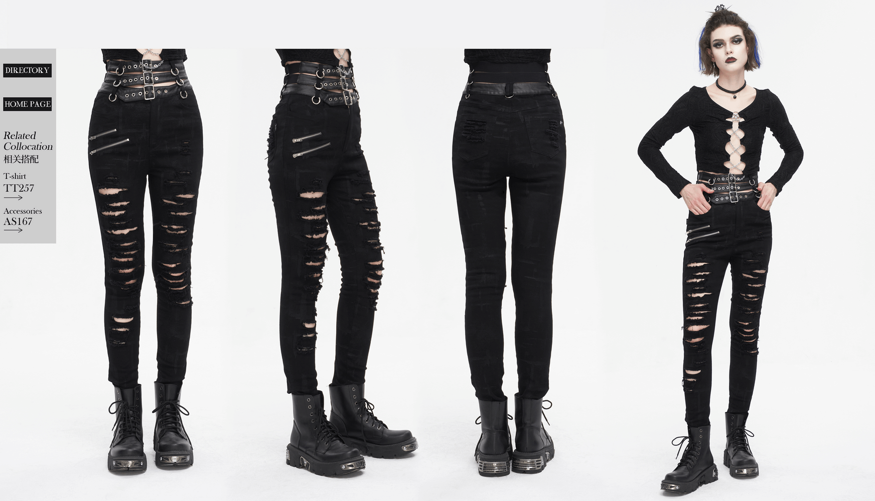 Women's punk high-waisted ripped pants with multi-buckles, showcasing edgy style in black.