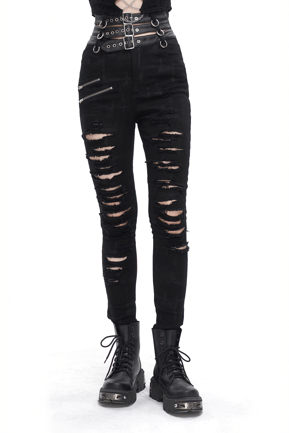 Women's punk high-waisted ripped fitted pants with multi-buckles, perfect for an edgy, alternative fashion statement.