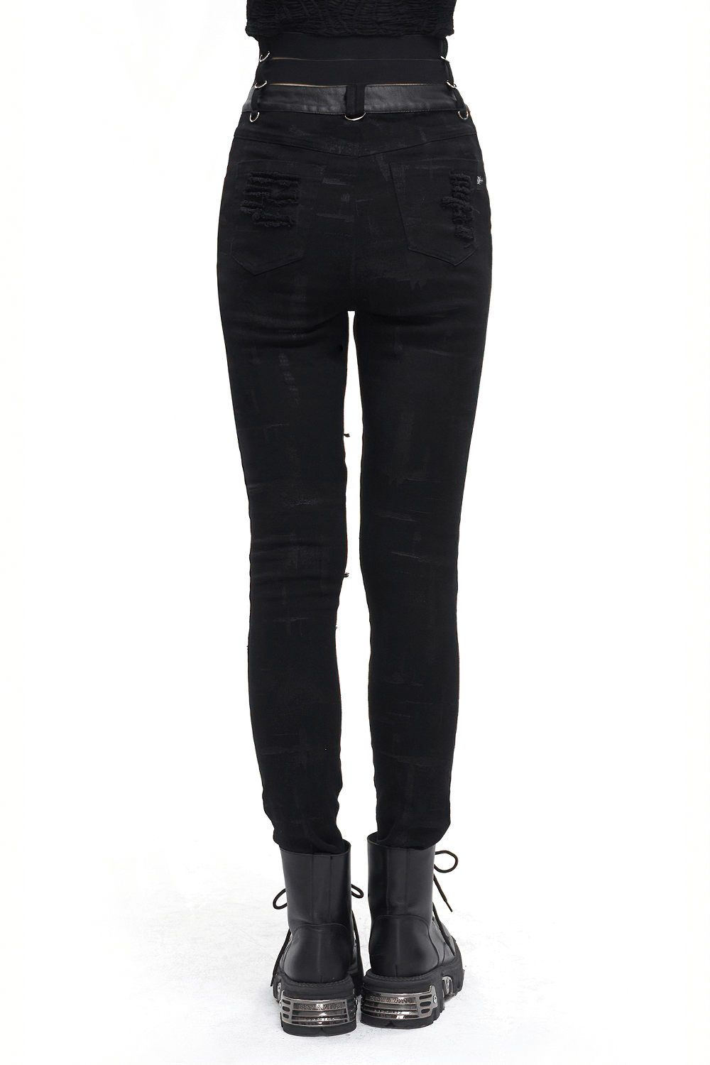 Women's punk high-waisted ripped fitted pants with multi-buckles, showcasing an edgy and stylish look.