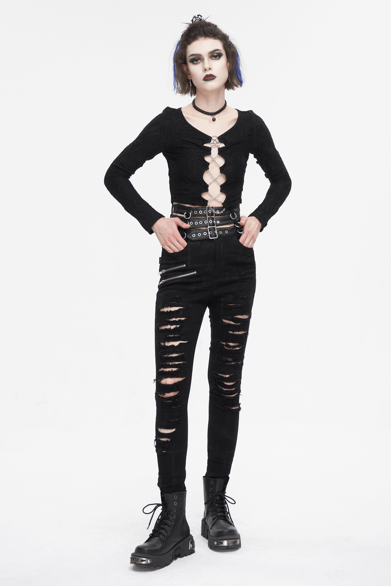Edgy women's punk high-waisted ripped fitted pants with multi-buckles, perfect for fierce fashion statements.