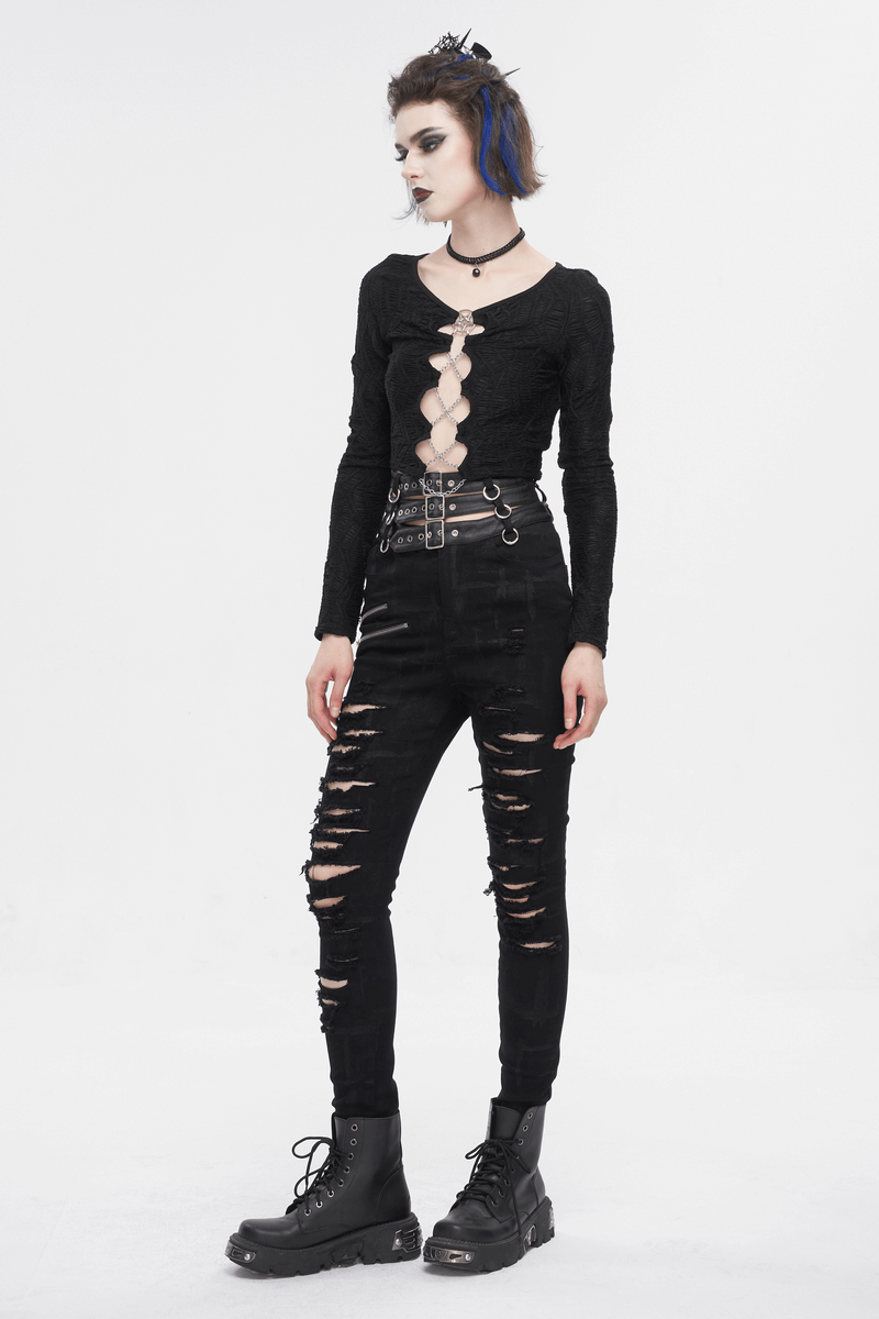 Edgy women's punk high-waisted ripped pants with multi-buckles for a bold, alternative look.