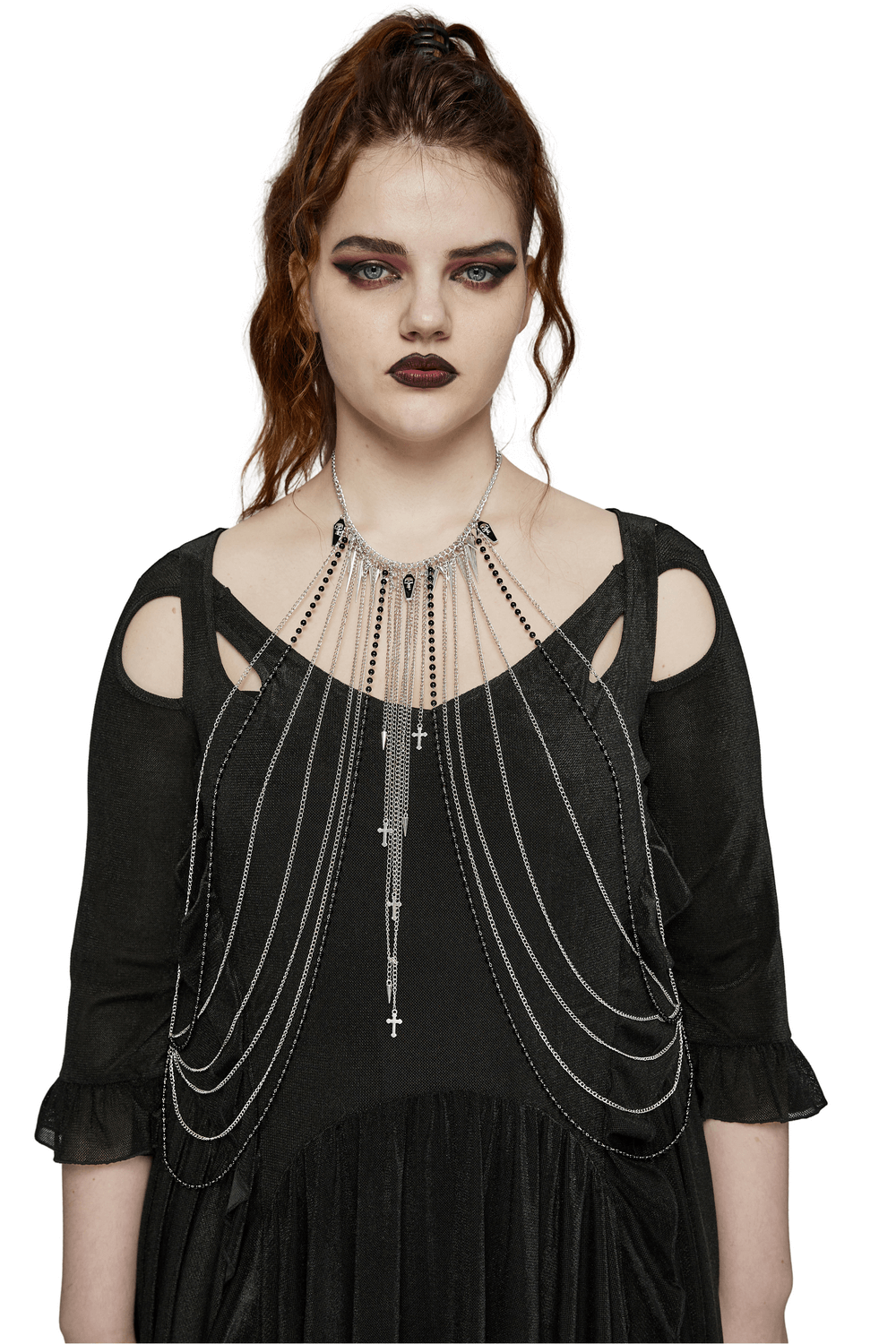 Women's punk multilayered chains body harness with skull and cross pendants for bold, edgy style.