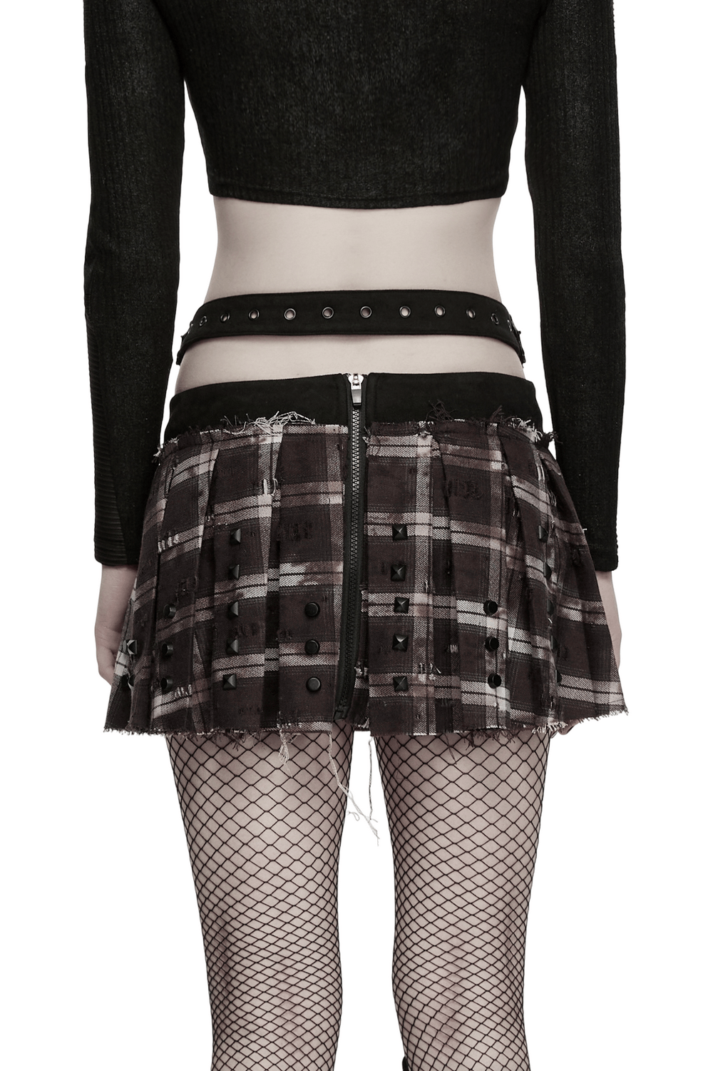 Women's Punk Plaid Mini Skirt with Studded Belt worn with fishnet stockings, showcasing a rebellious street-style look.