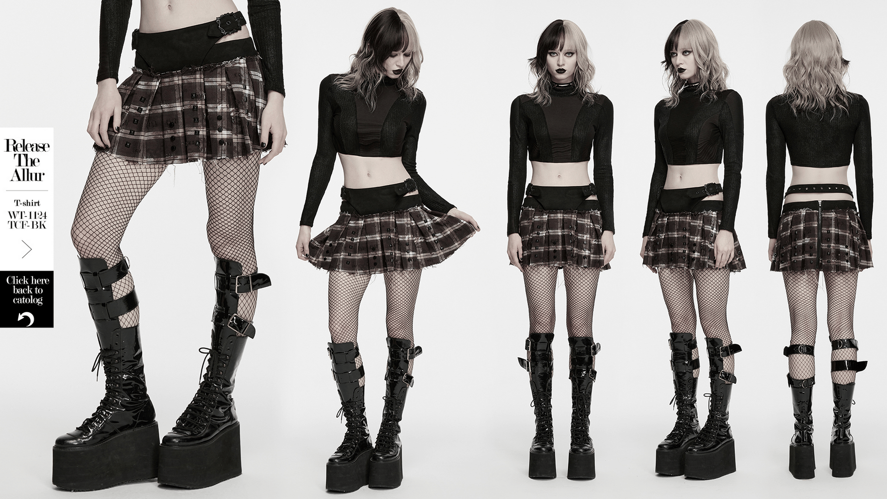 Women's Punk Plaid Mini Skirt with Studded Belt paired with edgy accessories and fishnet stockings.