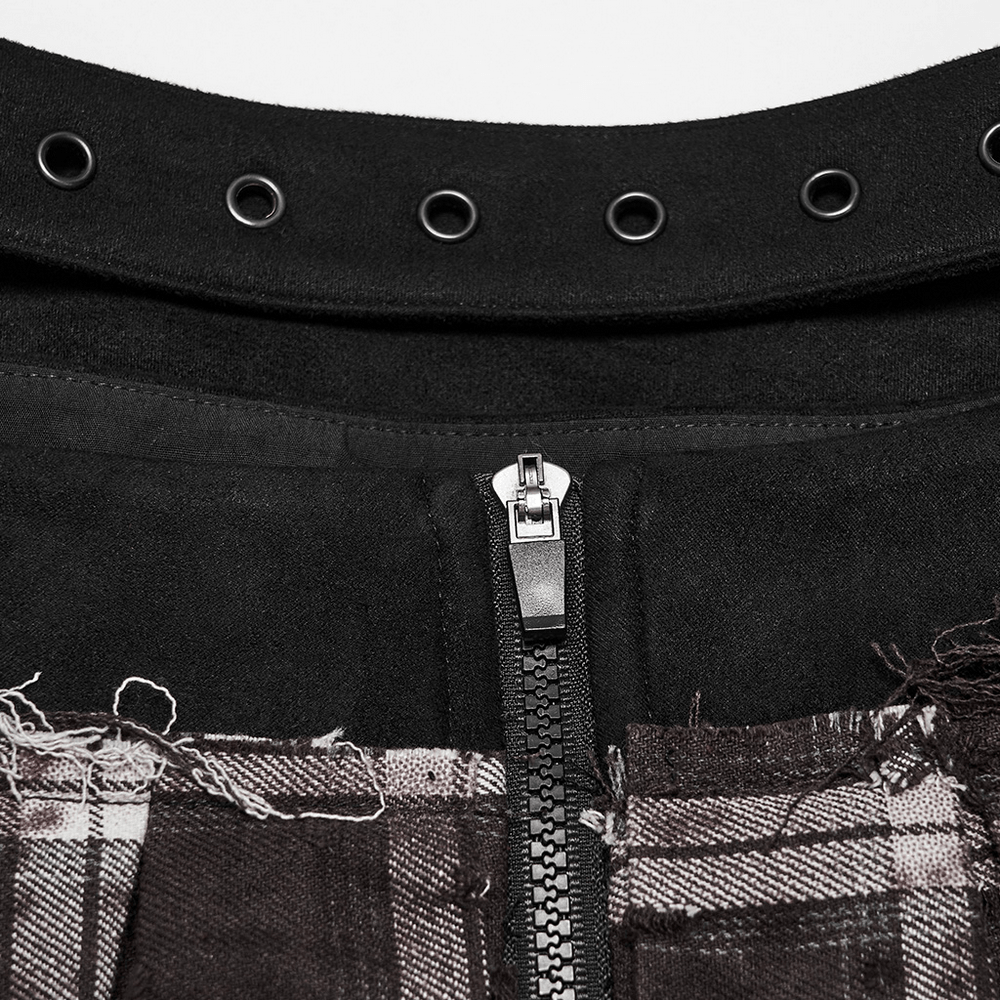 Women's Punk Plaid Mini Skirt with Studded Belt featuring zipper and eyelet waistband details.