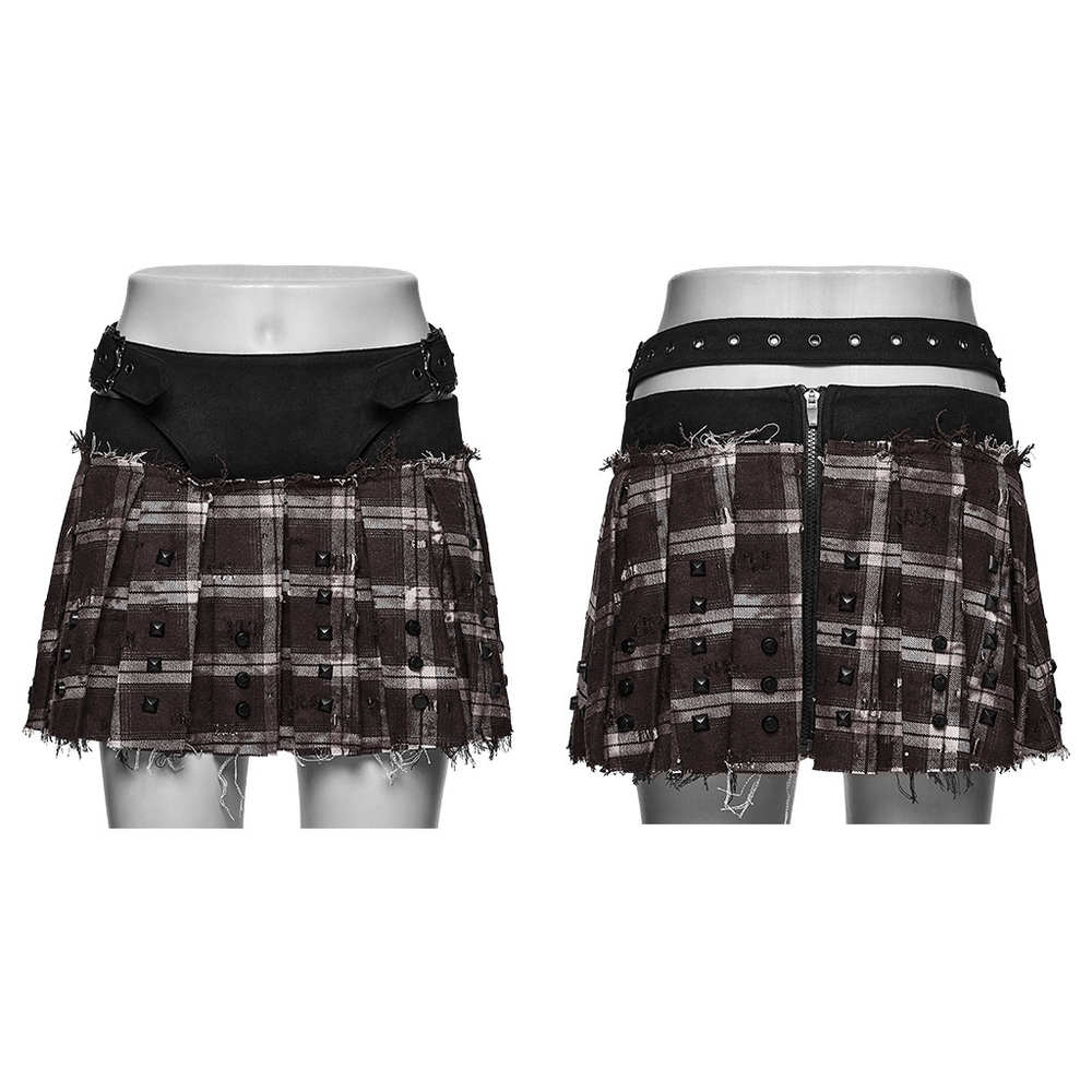 Women's Punk Plaid Mini Skirt with Studded Belt featuring layered pleats, studs, and frayed edges in black-brown.