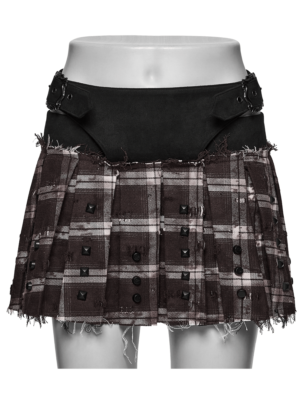 Women's Punk Plaid Mini Skirt with Studded Belt featuring pleated fabric and edgy detailing.