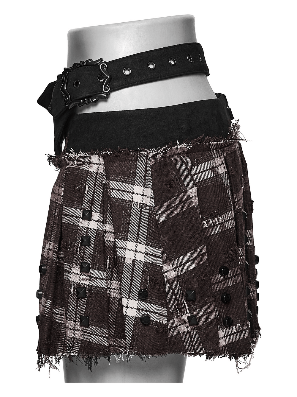 Women's Punk Plaid Mini Skirt with Studded Belt featuring distressed pleats and an edgy belt for rebellious style.