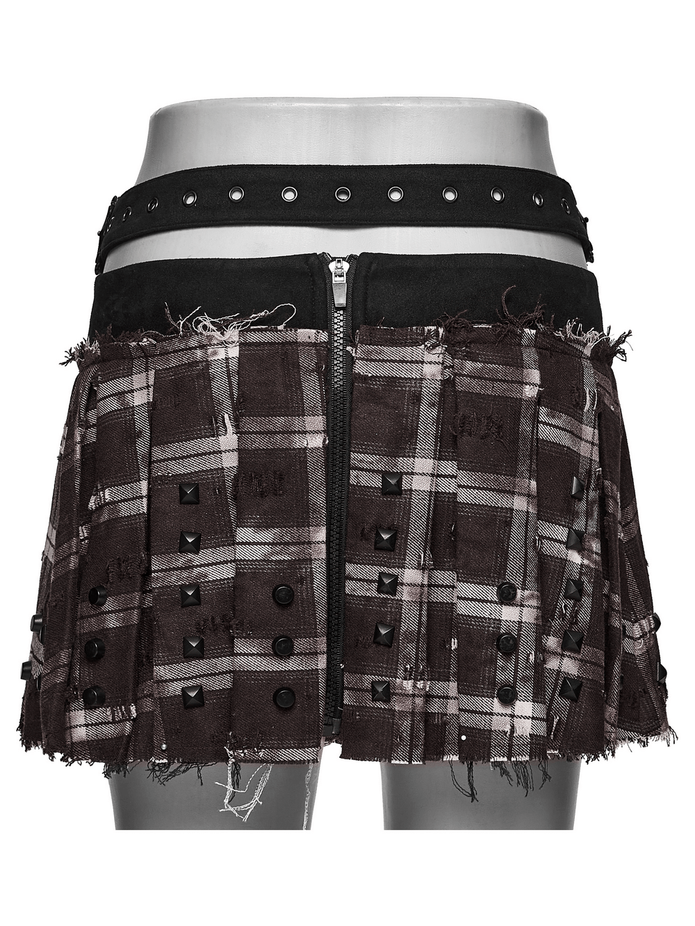 Women's Punk Plaid Mini Skirt with Studded Belt featuring pleats and edgy studded details.