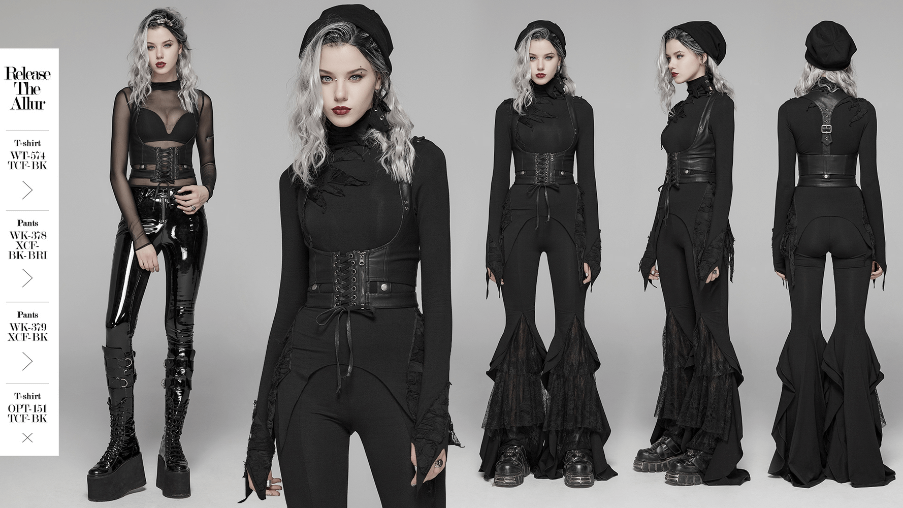 Edgy women's fashion featuring a punk PU leather corset, high-waisted pants, and platform boots, styled in a monochrome aesthetic.