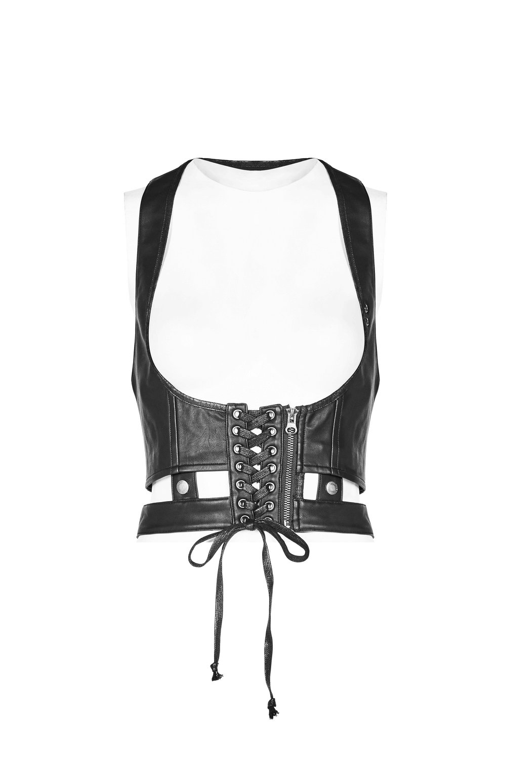Women's punk PU leather corset featuring lace-up detail and adjustable design for a stylish look.