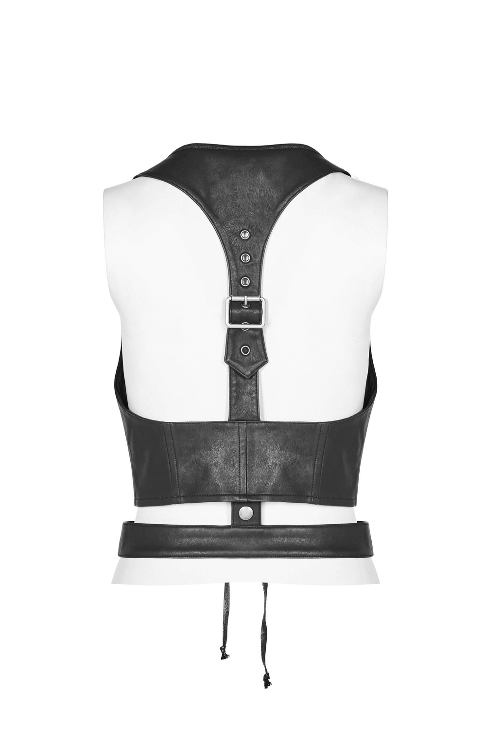Back view of a women's punk PU leather corset with buckle, eyelets, and adjustable laces for a stylish fit.
