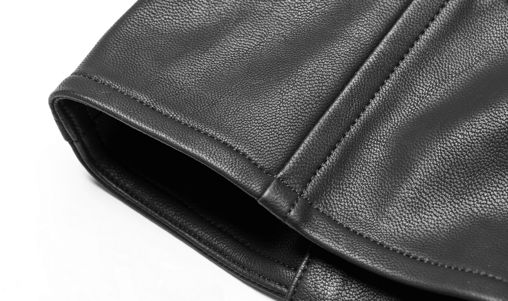 Close-up of the sleek black PU leather corset showcasing the detailed stitching and edge design.