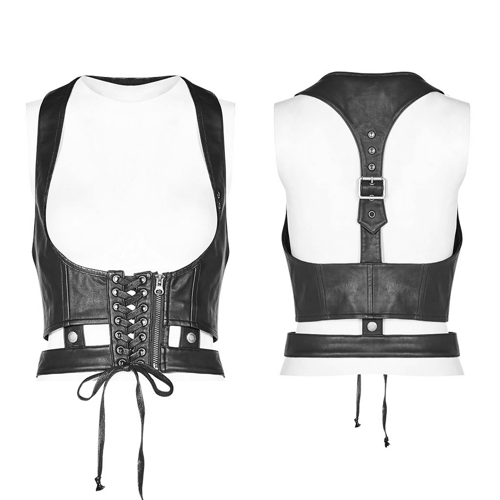 Women's punk PU leather corset with lace-up detail and adjustable back for a stylish, edgy look.