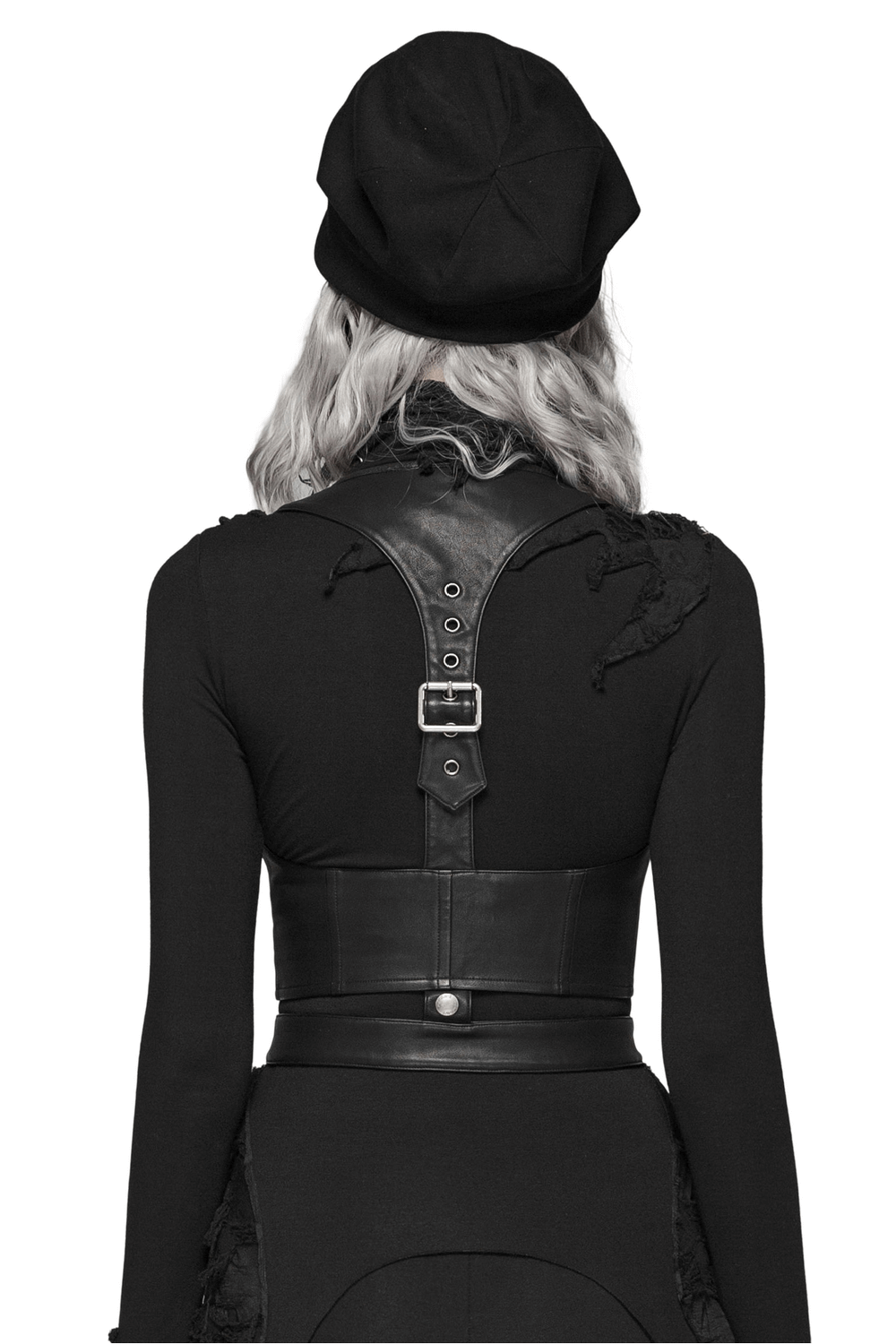 Back view of a woman in a stylish black corset with buckle detail, paired with a trendy hat for a punk look.