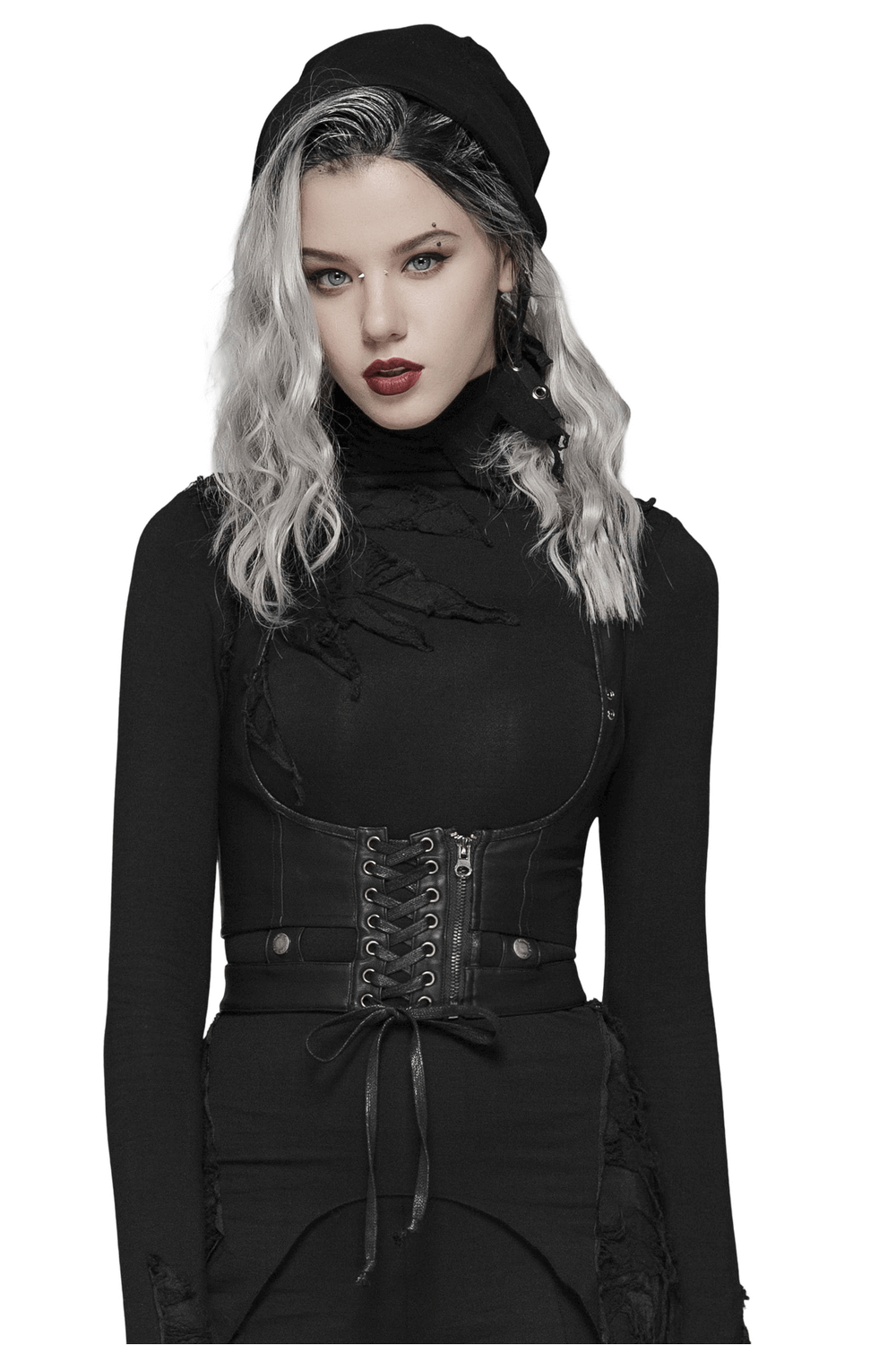 Women in black punk PU leather corset with lace-up detail, showcasing edgy fashion and stylish matte finish.