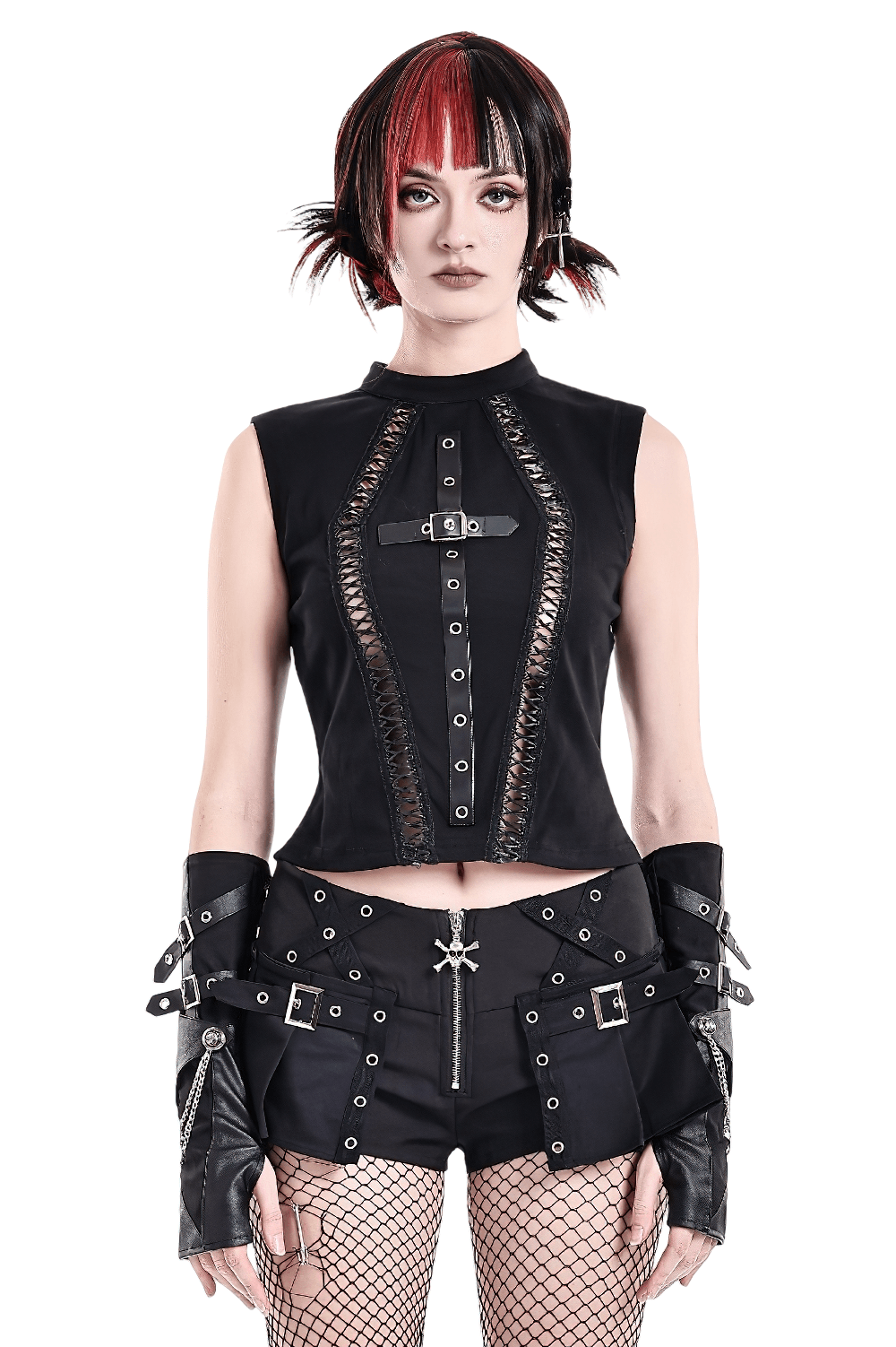 Women's Punk Rock Lace-Up Buckle Sleeveless Top black gothic mock neck with lace-up panels and buckle, edgy concert style